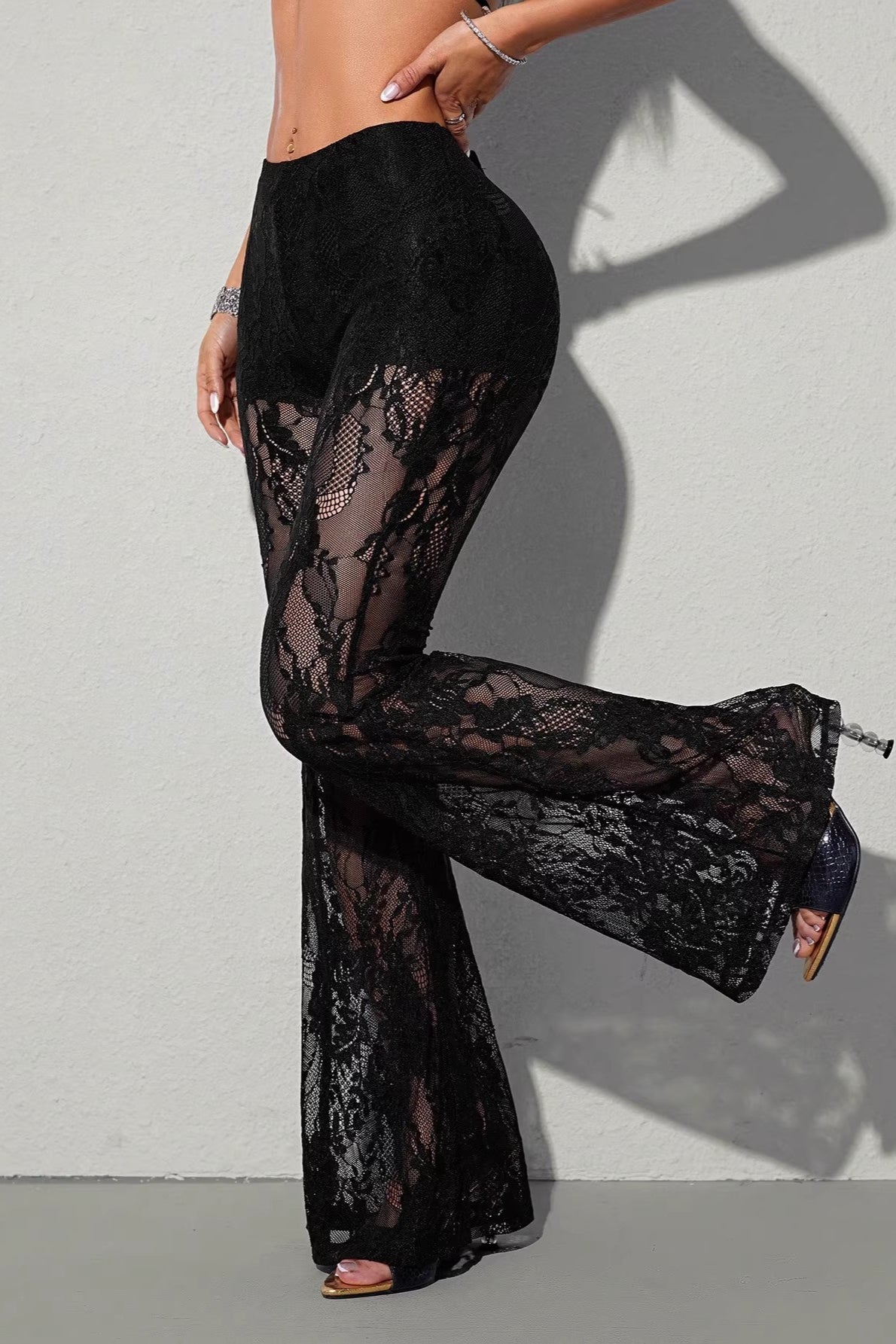 Lace Panel Flared Mesh Pants