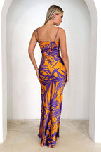 Purple Floral Print V-Neck Slim Maxi Dress