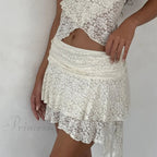 2 Piece Lace Sheer Outfits Flower Layered Crop Camis Tops + High Waist Irregular Hem Mini Skirt Party Club Night Matchin
