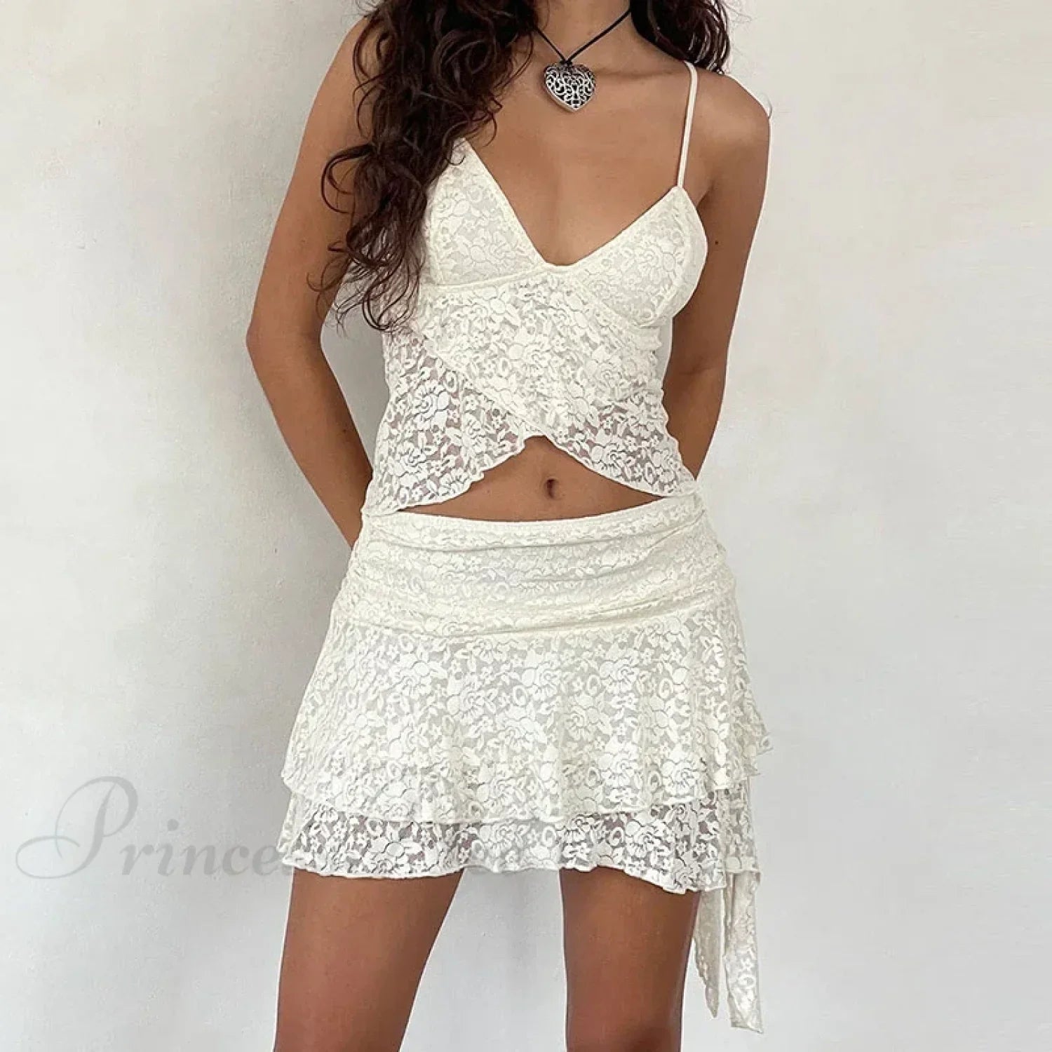 2 Piece Lace Sheer Outfits Flower Layered Crop Camis Tops + High Waist Irregular Hem Mini Skirt Party Club Night Matchin