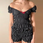 2000S Retro 2 Piece Set Cottage Lounge Vintage Ruched Off Shoulder T-Shirt Crop Tops + Shorts Kawaii Pajamas Women Y2K O