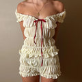 2000S Retro 2 Piece Set Cottage Lounge Vintage Ruched Off Shoulder T-Shirt Crop Tops + Shorts Kawaii Pajamas Women Y2K O