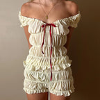 2000S Retro 2 Piece Set Cottage Lounge Vintage Ruched Off Shoulder T-Shirt Crop Tops + Shorts Kawaii Pajamas Women Y2K O