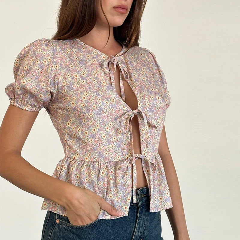 Puff Sleeve Bowknot Crop Top