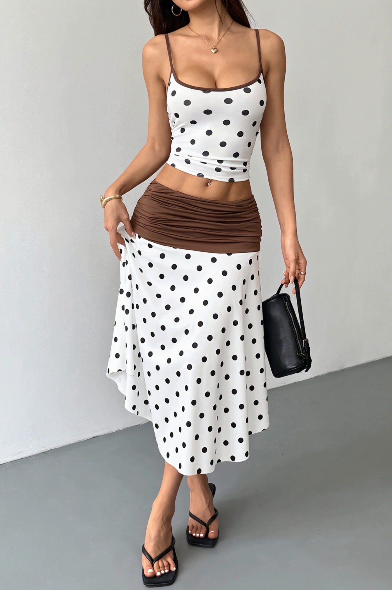 Polka Dot Tie Back Crop Top Two Tone Skirt Sets