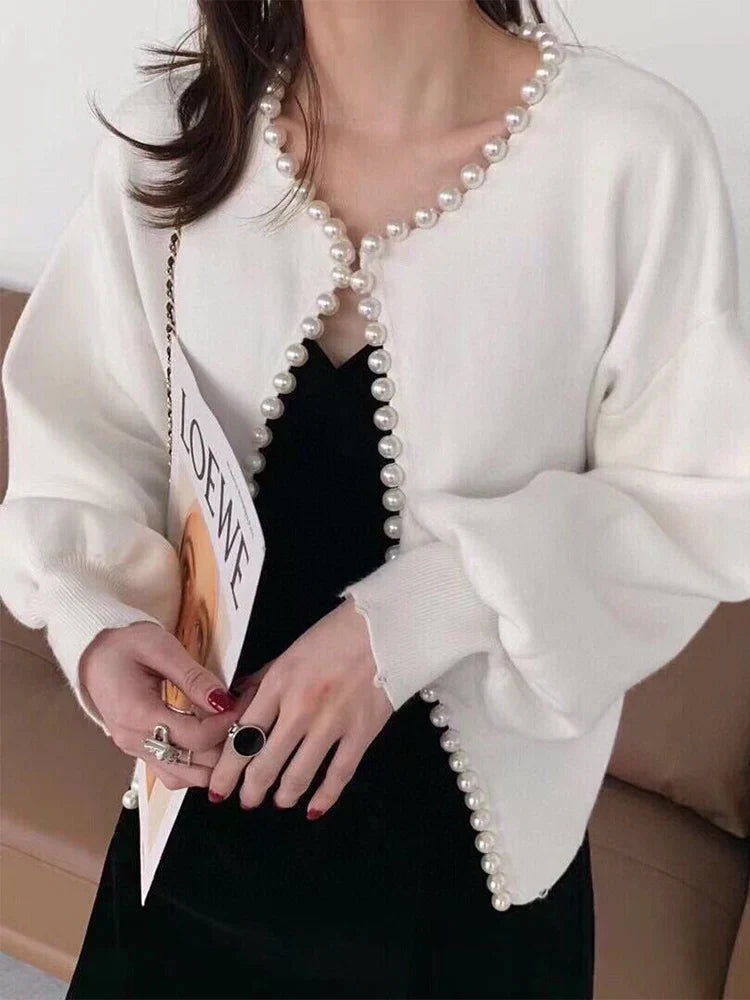 Pearl Trim O-Neck Knit Cardigan