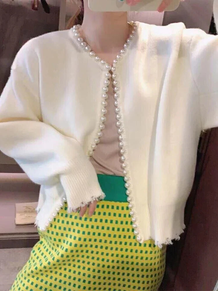 Pearl Trim O-Neck Knit Cardigan