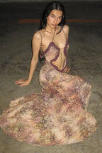 Halter Neck Printed Maxi Mesh Hollow Out Sleeveless High Waist Split Elegant Y2K Par Cut Dress