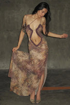 Halter Neck Printed Maxi Mesh Hollow Out Sleeveless High Waist Split Elegant Y2K Par Cut Dress