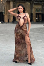 Halter Neck Printed Maxi Mesh Hollow Out Sleeveless High Waist Split Elegant Y2K Par Cut Dress