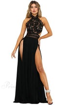 Lady'S See-Through Lace Nude Back High Slit Dress