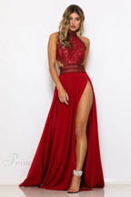 Lady'S See-Through Lace Nude Back High Slit Dress