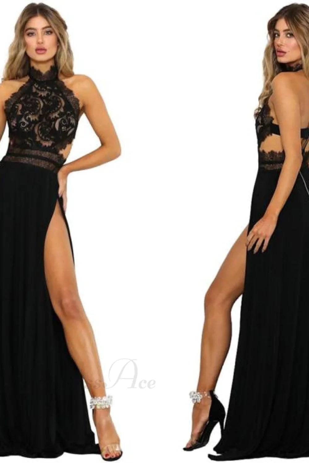 Lady'S See-Through Lace Nude Back High Slit Dress