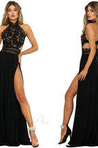 Lady'S See-Through Lace Nude Back High Slit Dress