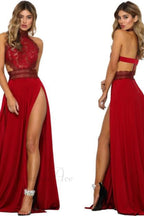 Lady'S See-Through Lace Nude Back High Slit Dress