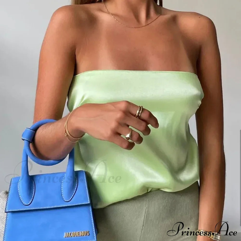 Satin Backless Crop Women Green Summer Cami Bandage Sleeveless Strapless Off Shoulder Tank Top