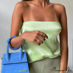 Satin Backless Crop Women Green Summer Cami Bandage Sleeveless Strapless Off Shoulder Tank Top