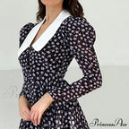 Spring French Puff Sleeve Doll Collar Waist Long A-Link Skirt Summer Floral Dress