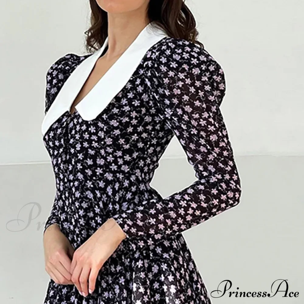 Spring French Puff Sleeve Doll Collar Waist Long A-Link Skirt Summer Floral Dress