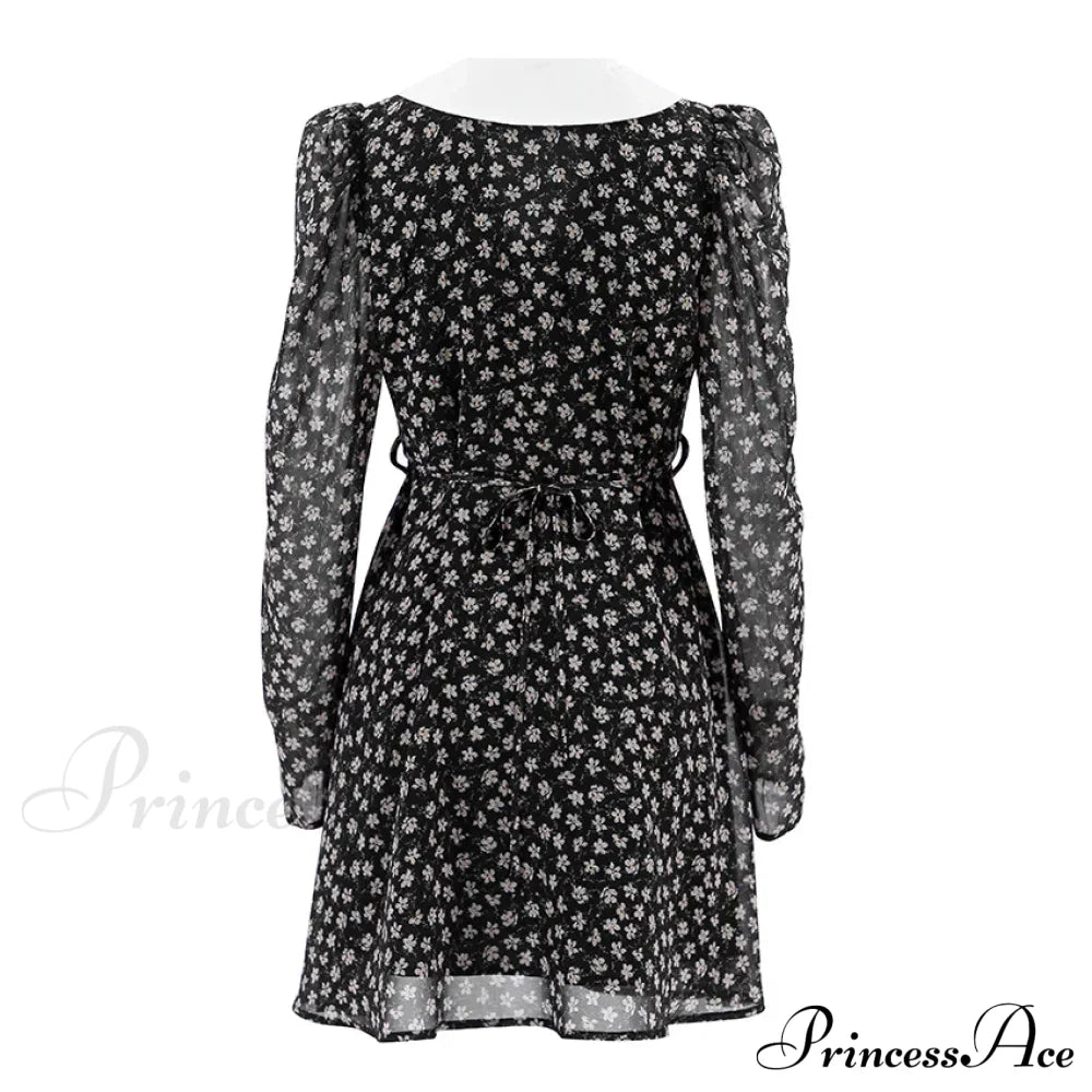 Spring French Puff Sleeve Doll Collar Waist Long A-Link Skirt Summer Floral Dress