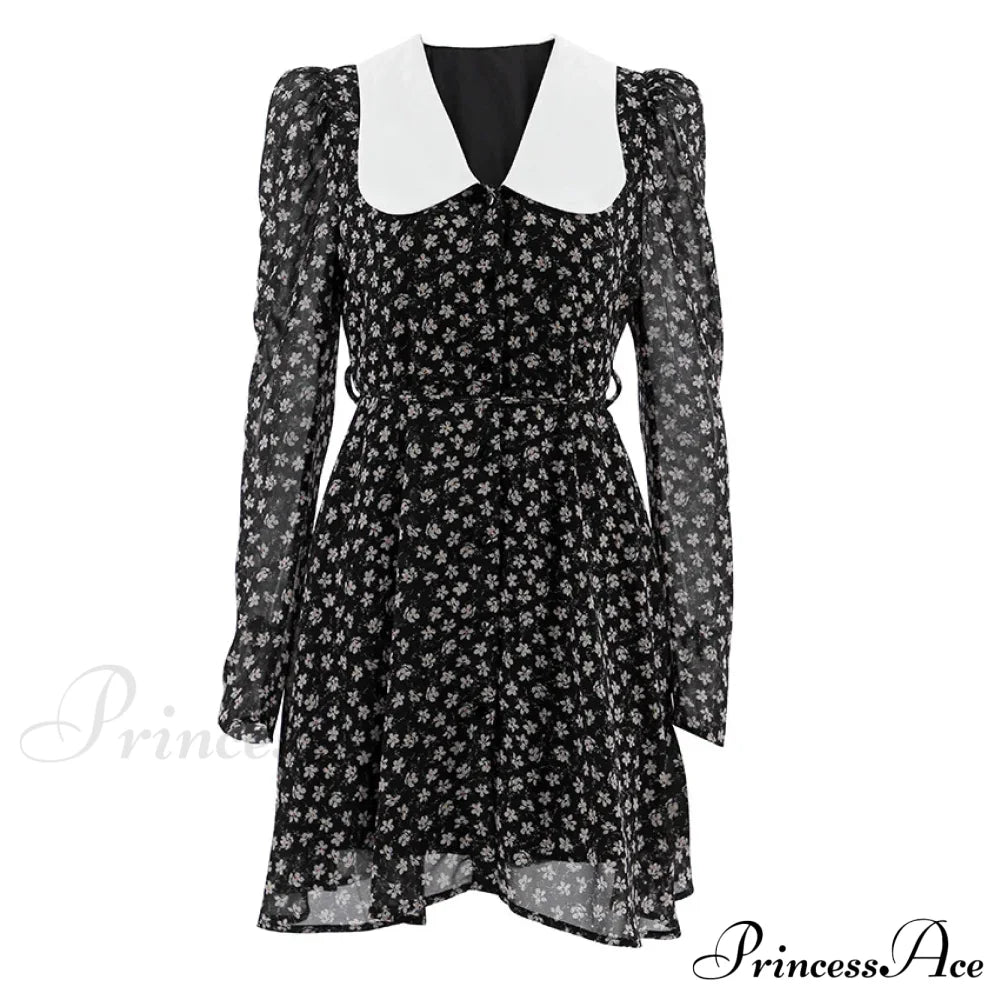 Spring French Puff Sleeve Doll Collar Waist Long A-Link Skirt Summer Floral Dress