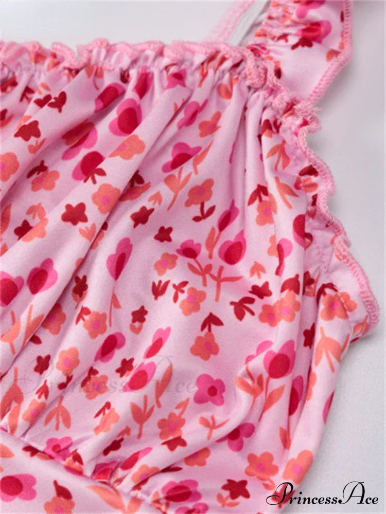 Summer Beach Casual Pink Strap Print Floral Ruched Party Club Midi Dress