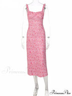 Summer Beach Casual Pink Strap Print Floral Ruched Party Club Midi Dress