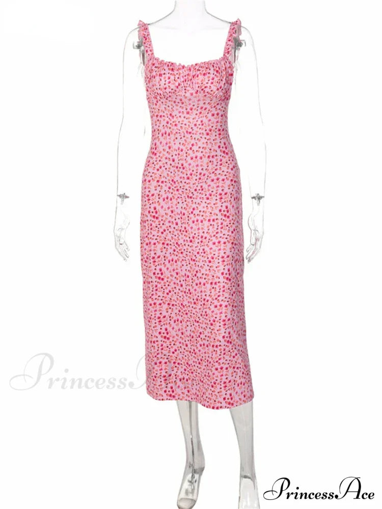 Summer Beach Casual Pink Strap Print Floral Ruched Party Club Midi Dress