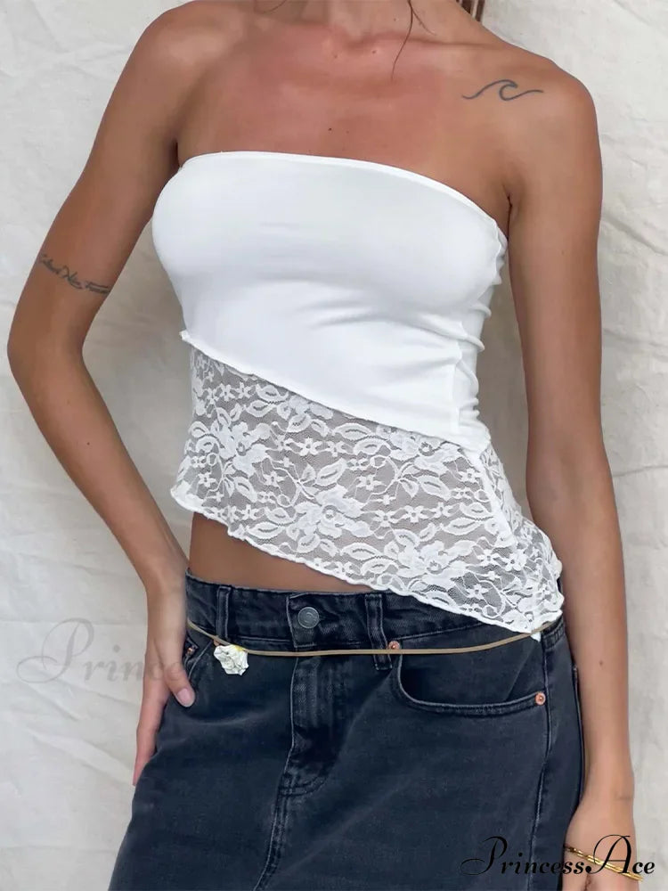 Women Chest Wrapping Solid Lace See Through Backless Casual Strapless Crop Going Out Sleeveless Camis Tank Top