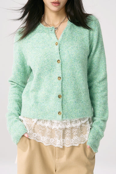 Green Knit Cuffed Solid Cardigan