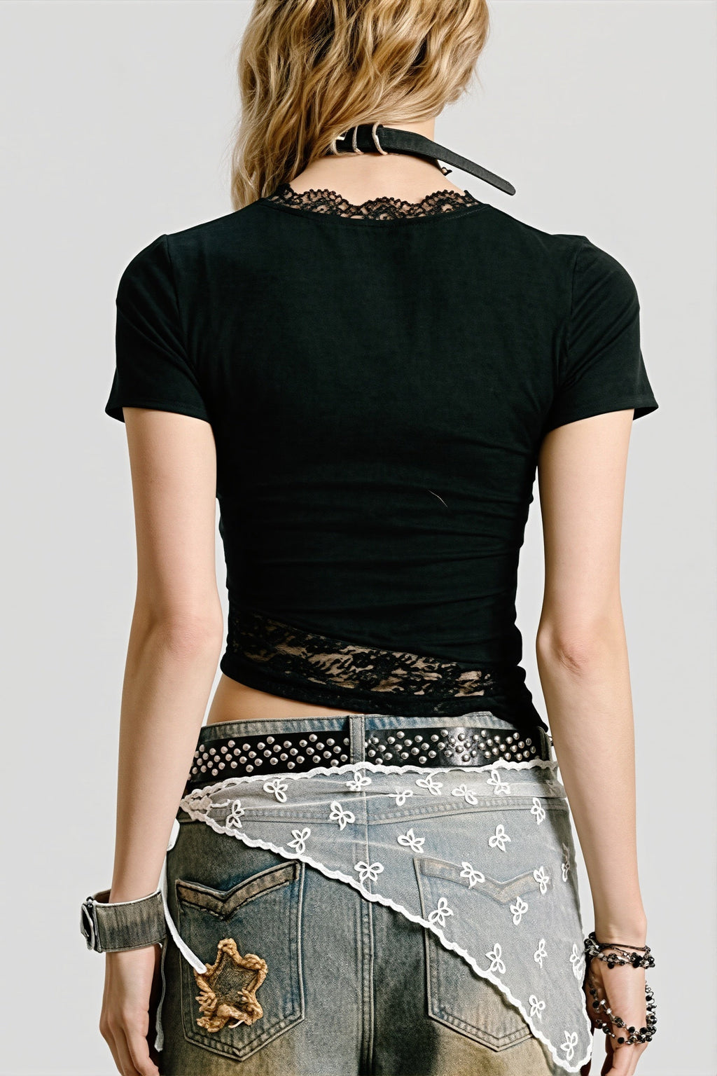 Lace Patchwork Cropped Slim T-Shirt