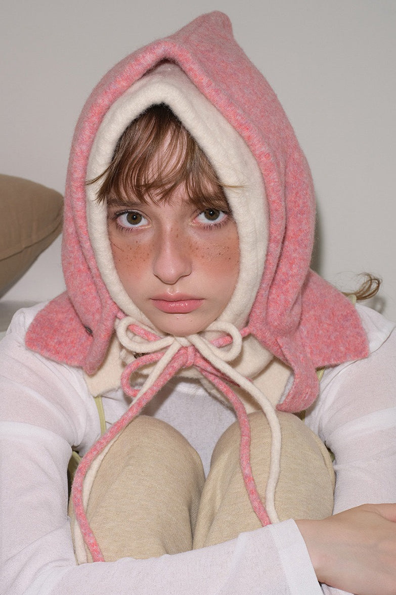 Solid Wool Drawstring Oversized Knitted Balaclava Hat
