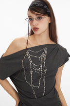 Asym Neck Beaded Cropped T‑Shirt