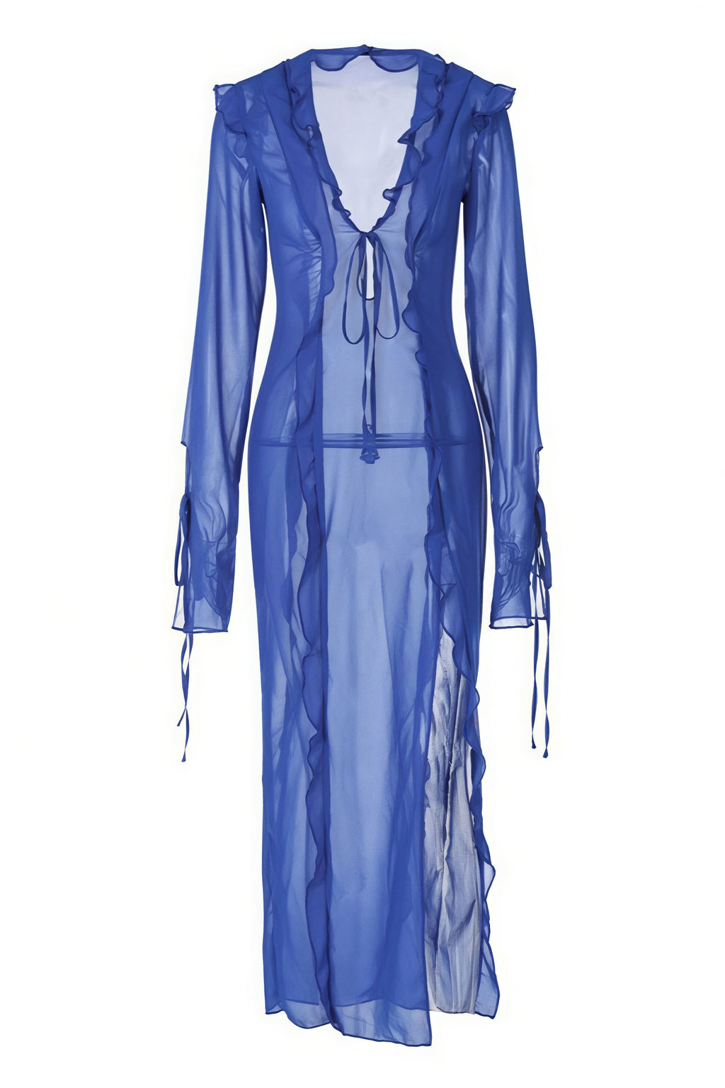 Sheer V Neck Wrap Tie Slit Maxi Dress