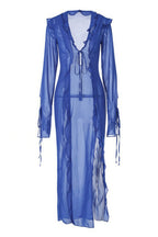 Sheer V Neck Wrap Tie Slit Maxi Dress