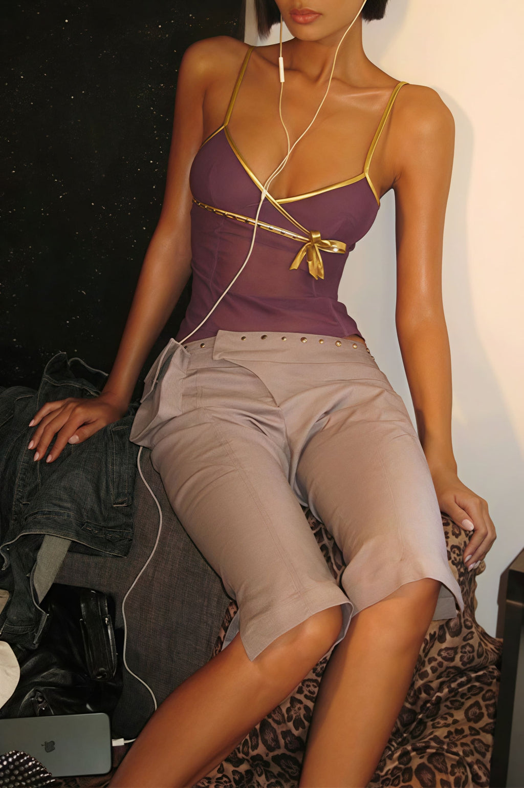Solid Slim Stylish Sheer Bow Purple Cami Top