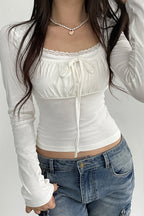 Lace Tie Ruched Bust Long Sleeve T-Shirt