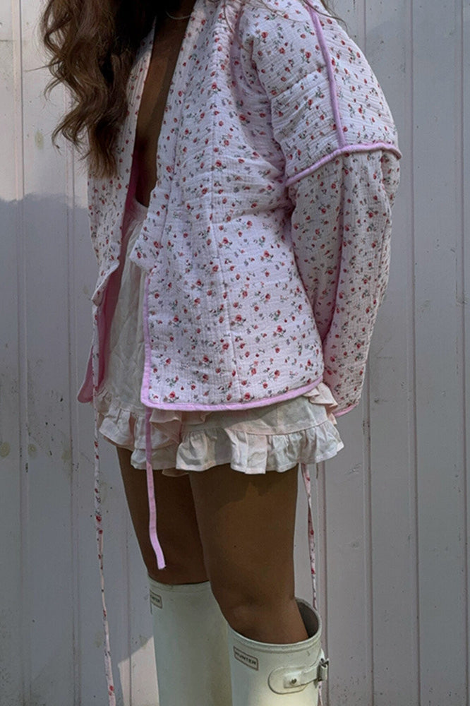Pink Sweet Floral Tie V-Neck Flared Sleeve Coat