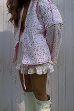 Pink Sweet Floral Tie V-Neck Flared Sleeve Coat