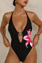 Floral Print Bikini Halter Deep V One Piece Swimwear