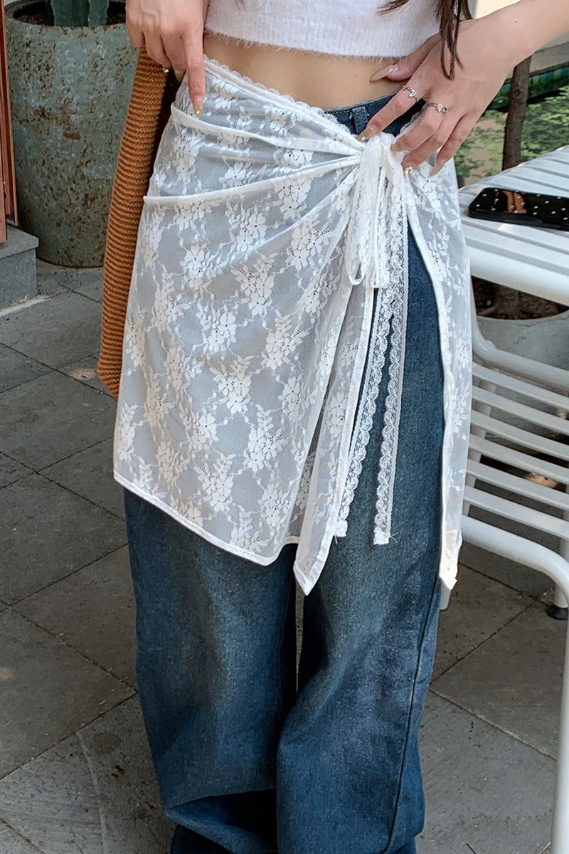 White Lace Apron Skirt With Tie Versatile Half
