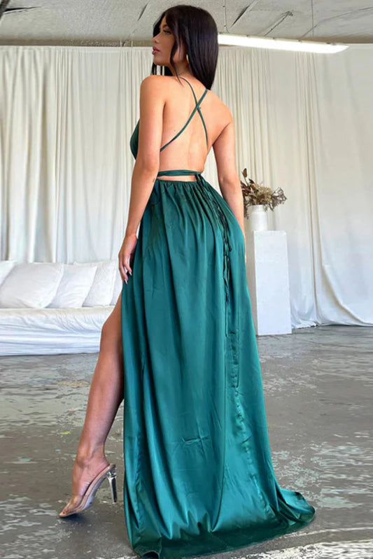 Satin V-Neck Waist-Cinching Split Dress Party
