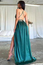 Satin V-Neck Waist-Cinching Split Dress Party