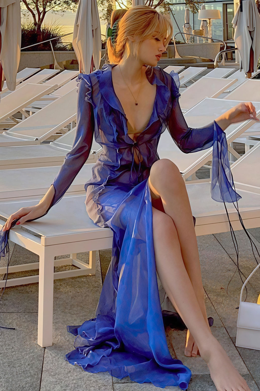 Sheer V Neck Wrap Tie Slit Maxi Dress