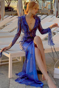 Sheer V Neck Wrap Tie Slit Maxi Dress