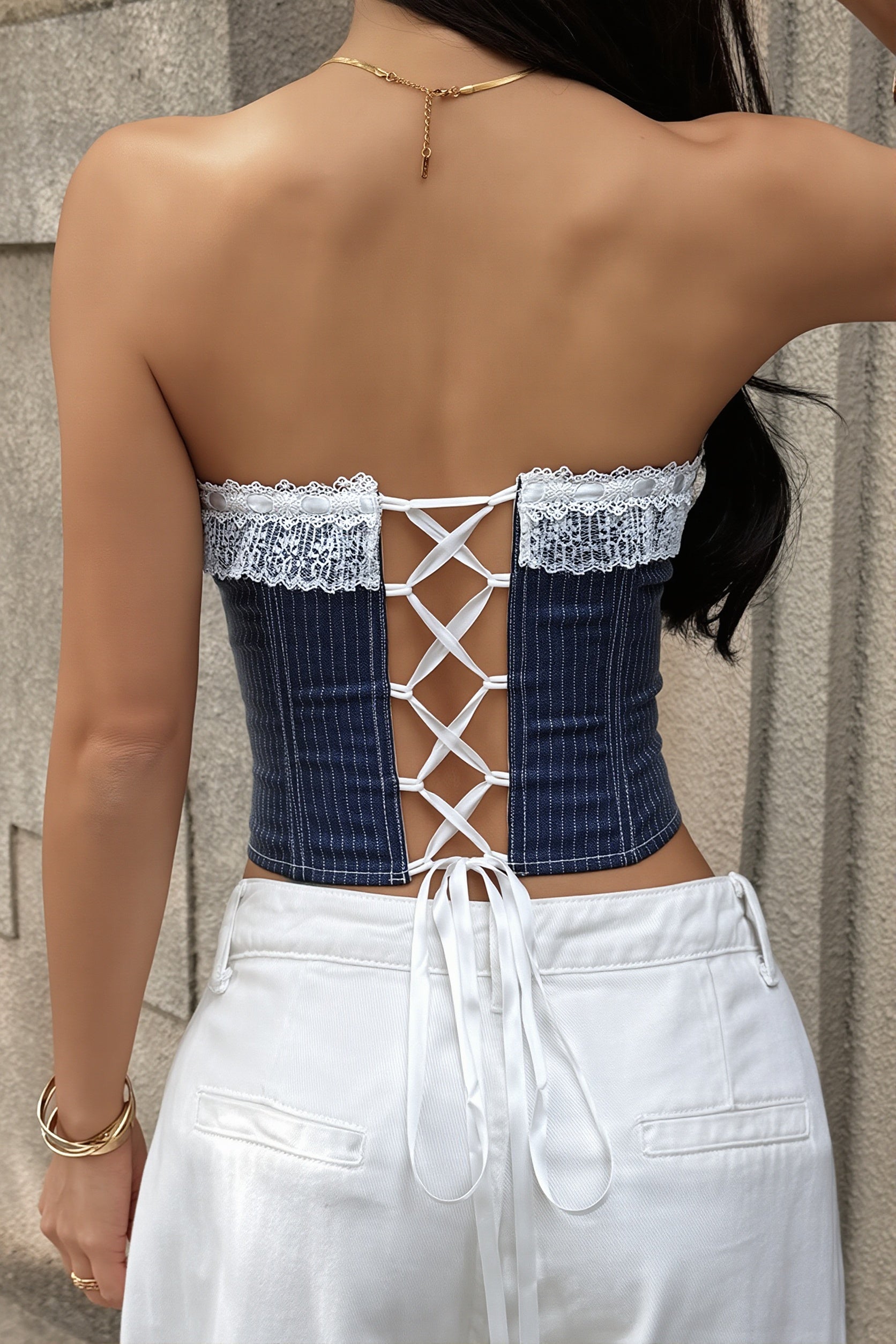 Striped Strapless Tie Up Corset Top Slim Blouse