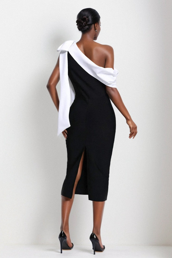 Bandage One-Shoulder Color Block Bow Cocktail Dress