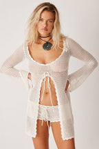 Solid V Neck Tie Knit Hollow Blouse
