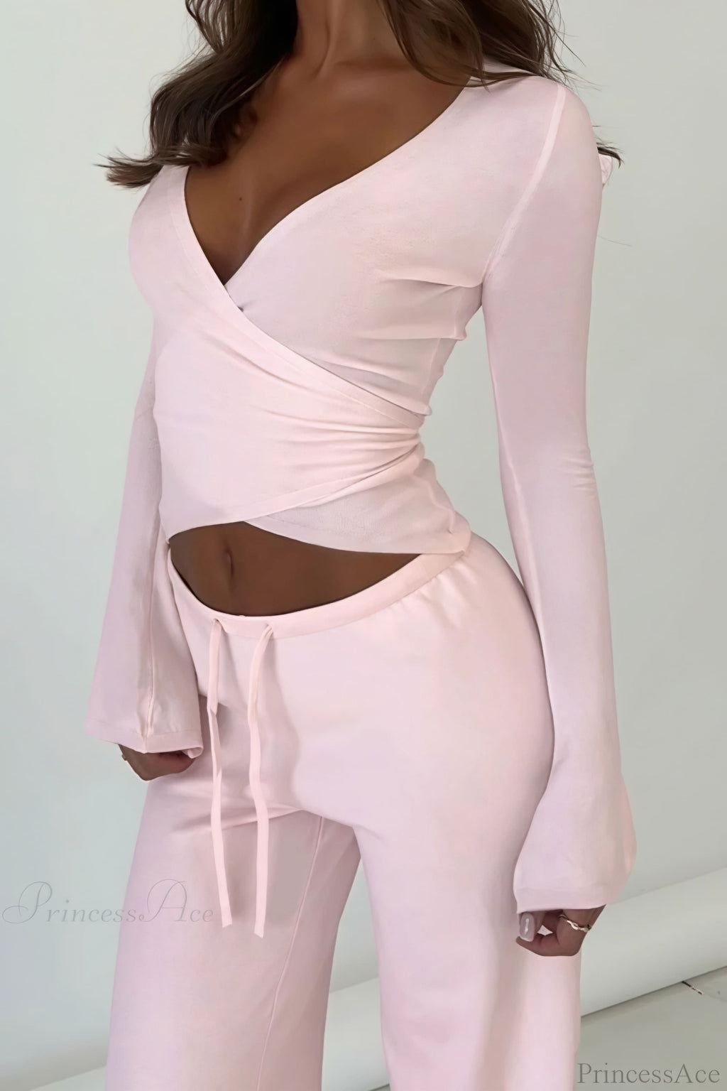 Y2K V-Neck Fitted Top Casual Pants Two Piece Set