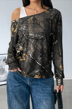 Patchwork Layered Asymmetrical Shoulder Long Sleeve Tee